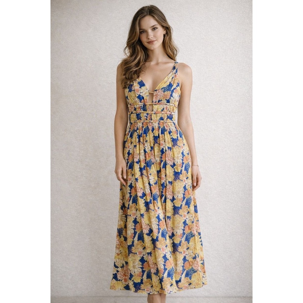 NWT Caroline Constas‎ Floral Cutout Maxi Dress Blue Yellow Elegant Boho - M